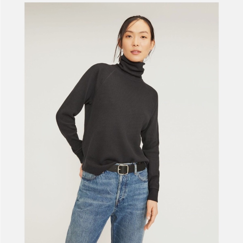 Everlane The Organic Cotton Turtleneck Waffle Tee Shirt Top Black XS NWT